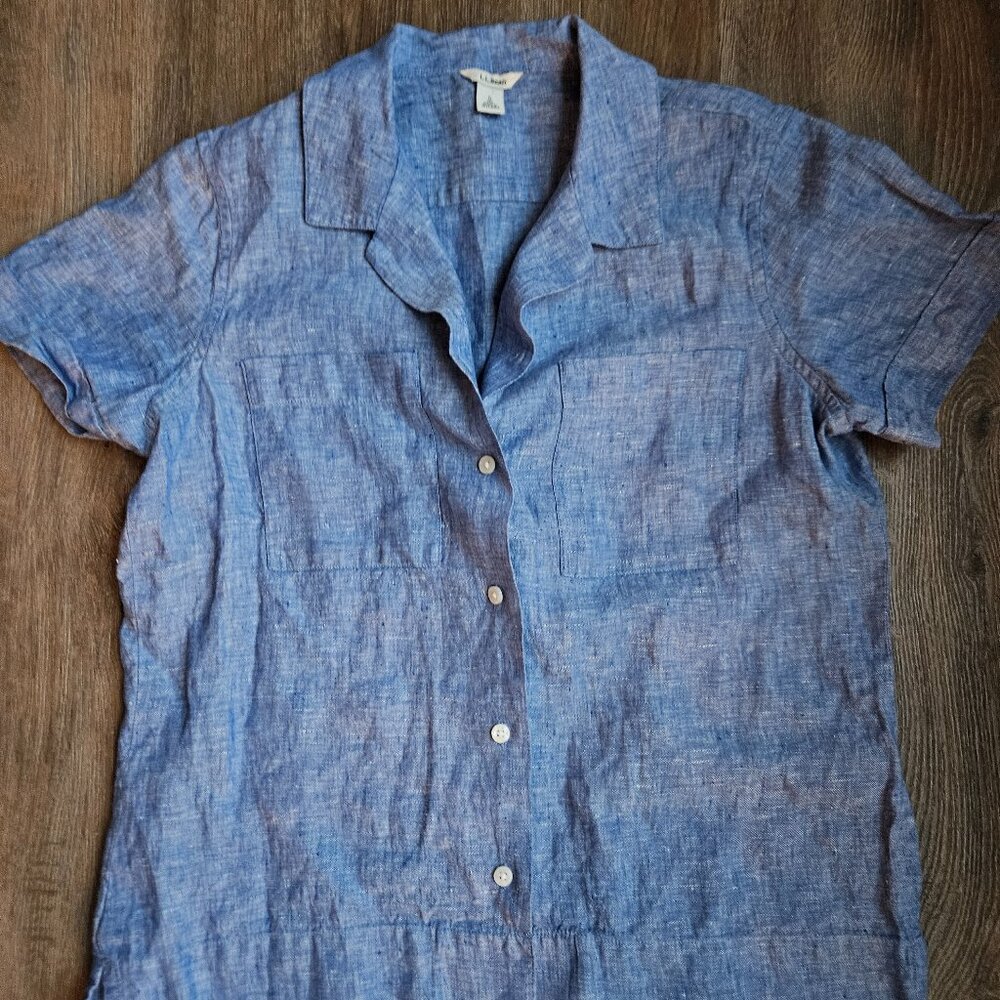 LL Bean 100% linen blue short sleeve shirt button down women's size small